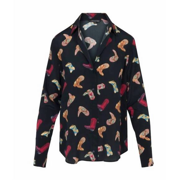 NEW CATHERINE GEE daria french cuff silk blouse in navy- multi boots